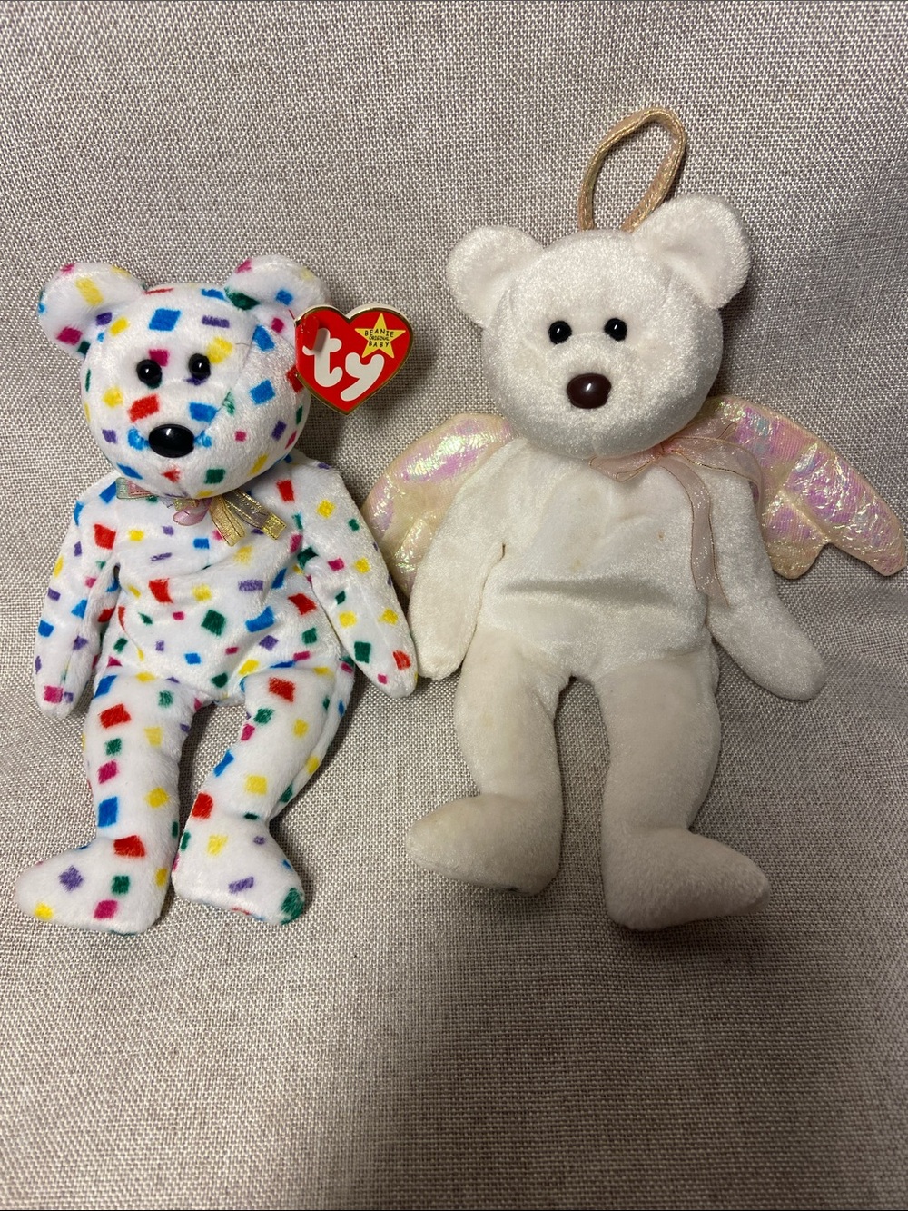 Ty Beanie Baby Rainbow Confetti Bear and White Angel Bear Plush Duo